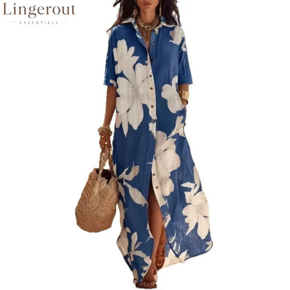 Casual Lapel Button Down Floral Long Dress