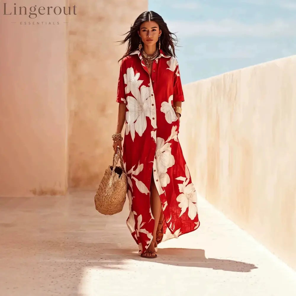 Casual Lapel Button Down Floral Long Dress