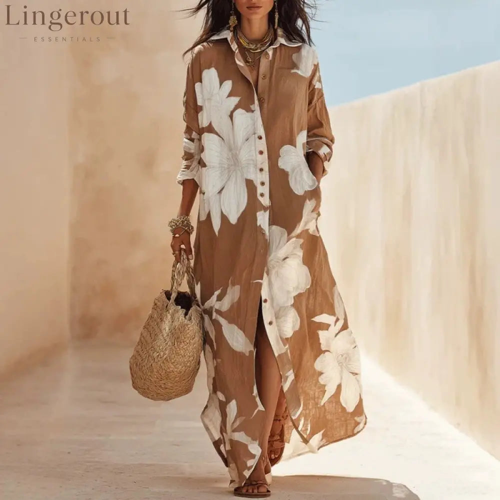 Casual Lapel Button Down Floral Long Dress - Earthy yellow / S