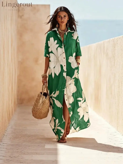 Casual Lapel Button Down Floral Long Dress - Green / S