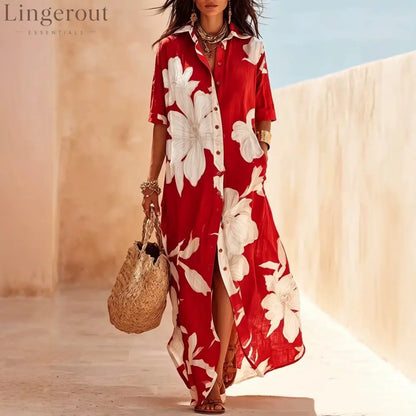 Casual Lapel Button Down Floral Long Dress - Red / S