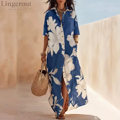 Casual Lapel Button Down Floral Long Dress - Royal blue / S