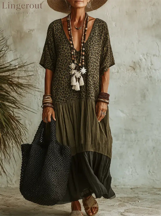 Casual Leopard-print Spliced Dress - Green / S