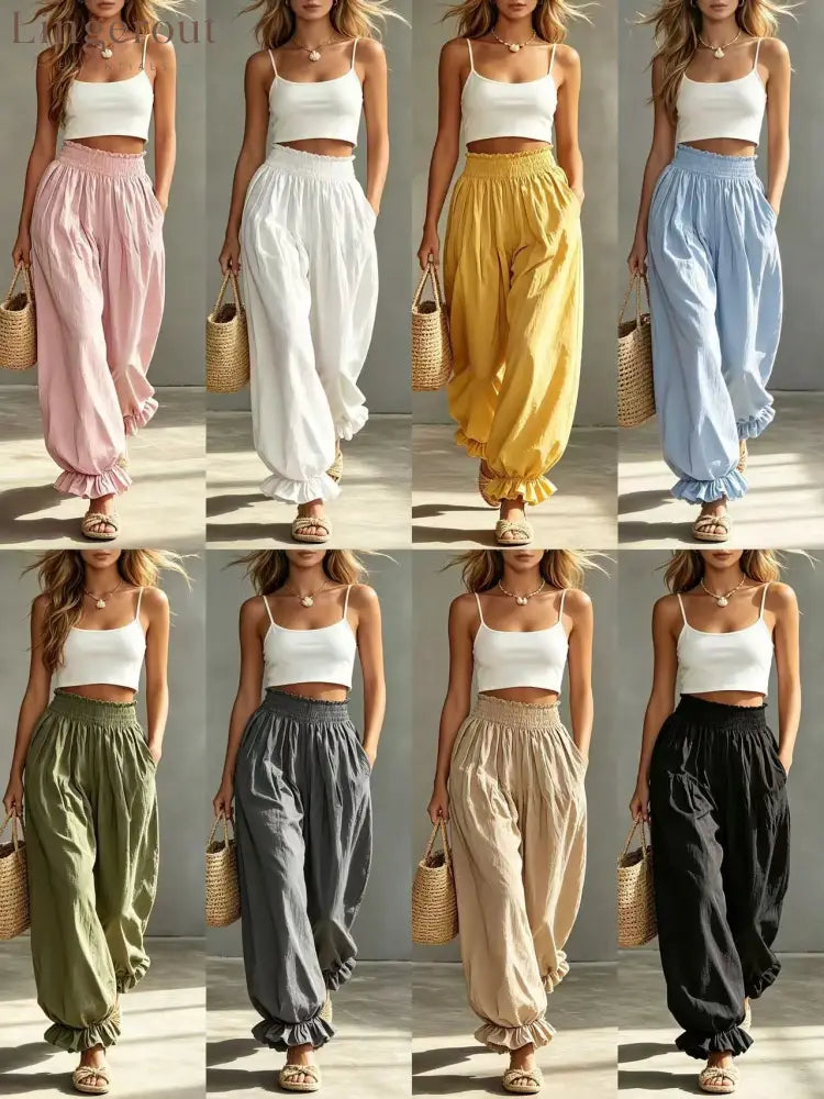 Casual Light Blue Ruffled Lantern Pants Elastic Waist Pants