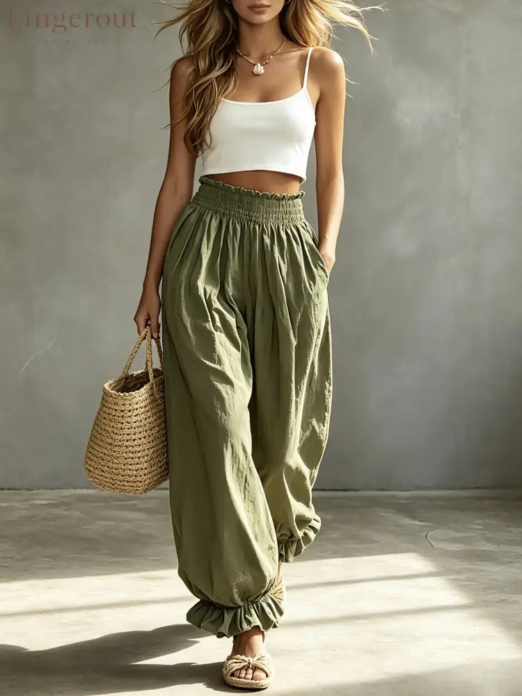 Casual Light Blue Ruffled Lantern Pants Elastic Waist Pants - Army green / S