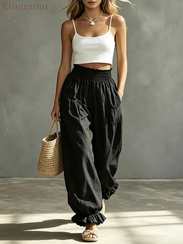 Casual Light Blue Ruffled Lantern Pants Elastic Waist Pants - Black / S