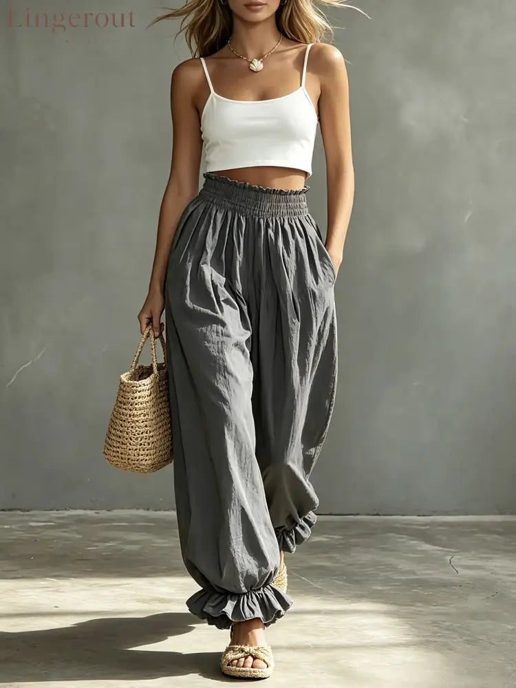 Casual Light Blue Ruffled Lantern Pants Elastic Waist Pants - Grey / S