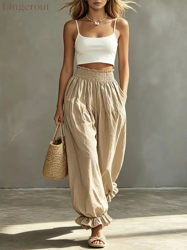 Casual Light Blue Ruffled Lantern Pants Elastic Waist Pants - Khaki / S