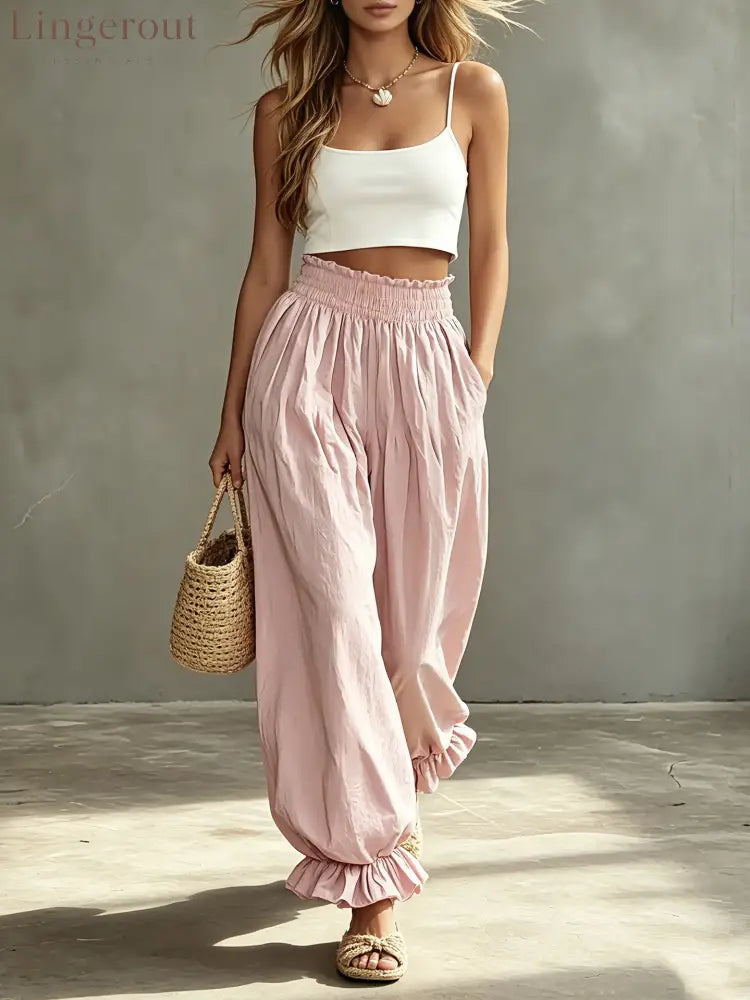 Casual Light Blue Ruffled Lantern Pants Elastic Waist Pants - Pink / S