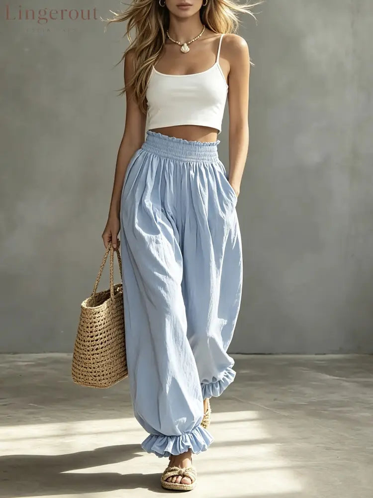 Casual Light Blue Ruffled Lantern Pants Elastic Waist Pants - Sky blue / S