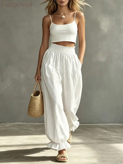 Casual Light Blue Ruffled Lantern Pants Elastic Waist Pants - White / S