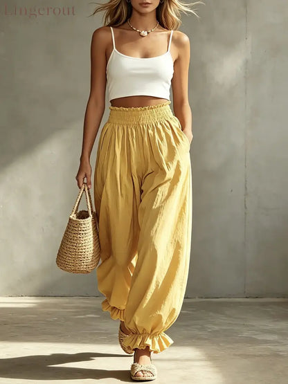 Casual Light Blue Ruffled Lantern Pants Elastic Waist Pants - Yellow / S