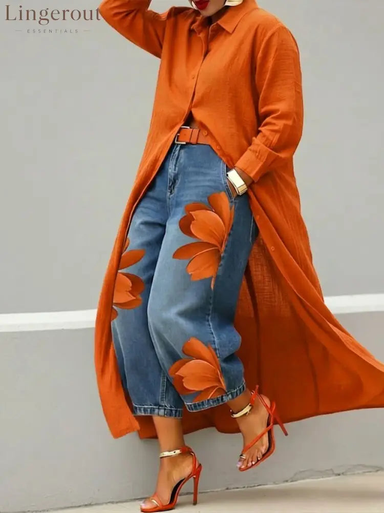 👗Casual Linen And Cotton Shirt Dress - Orange / S
