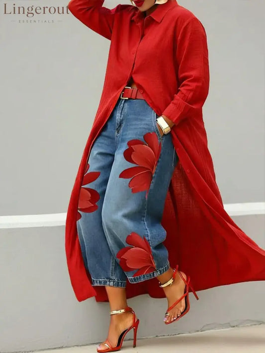 👗Casual Linen And Cotton Shirt Dress - Red / S