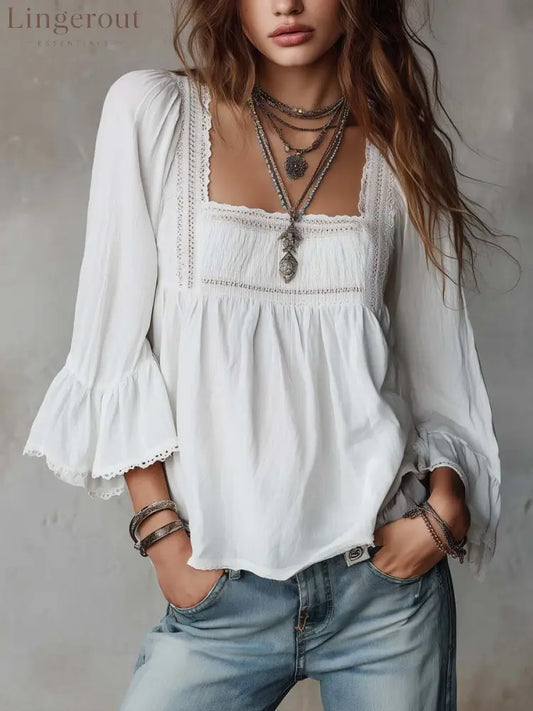 Casual Linen And Cotton Top With Lace Paneling - White / S