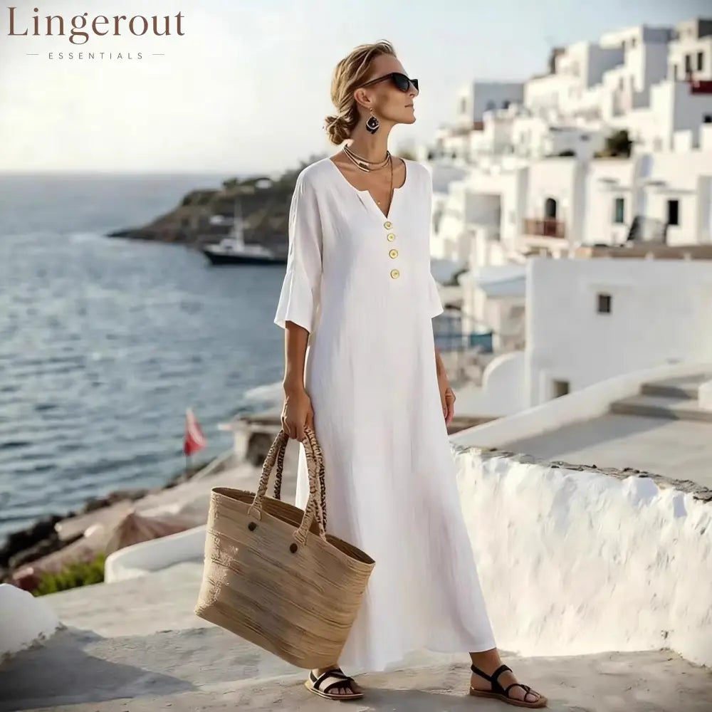 Casual Linen Blend V-Neck Maxi Dress