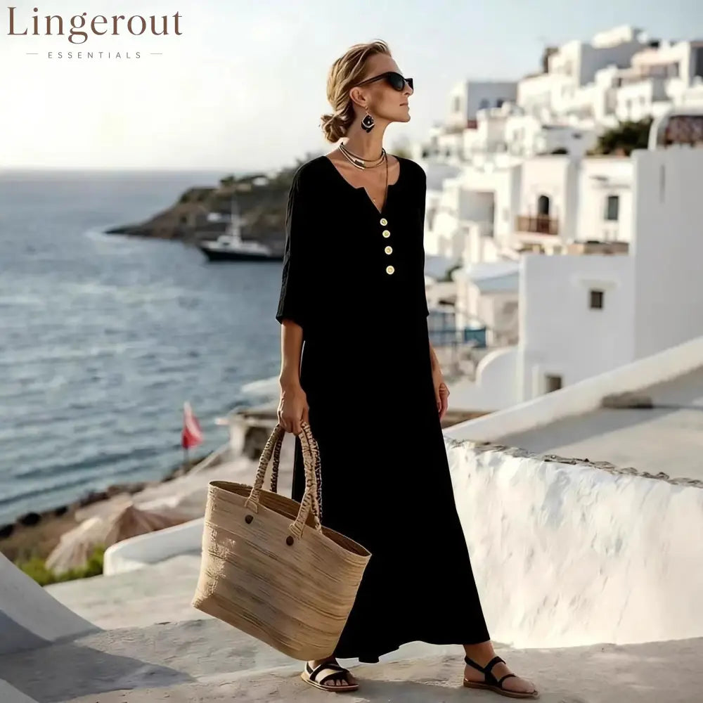Casual Linen Blend V-Neck Maxi Dress