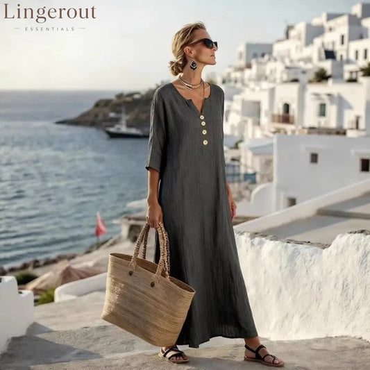 Casual Linen Blend V-Neck Maxi Dress