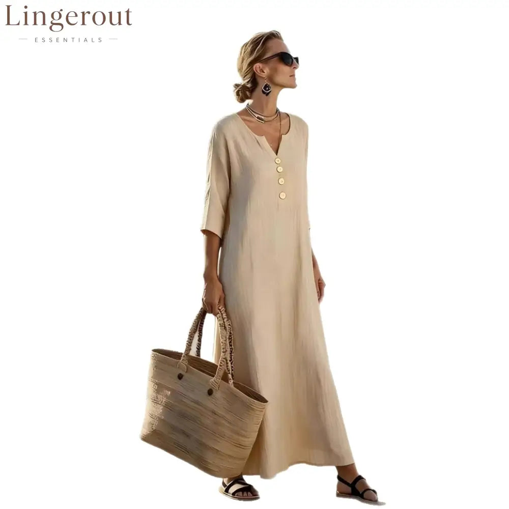 Casual Linen Blend V-Neck Maxi Dress