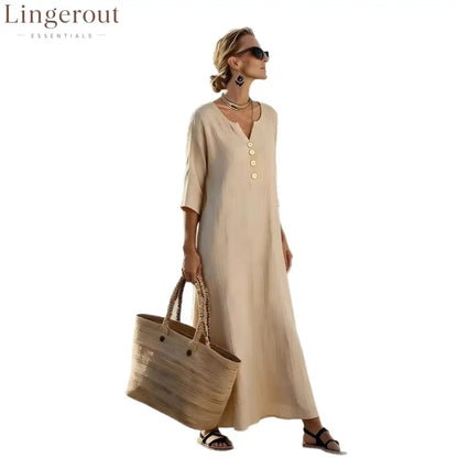Casual Linen Blend V-Neck Maxi Dress