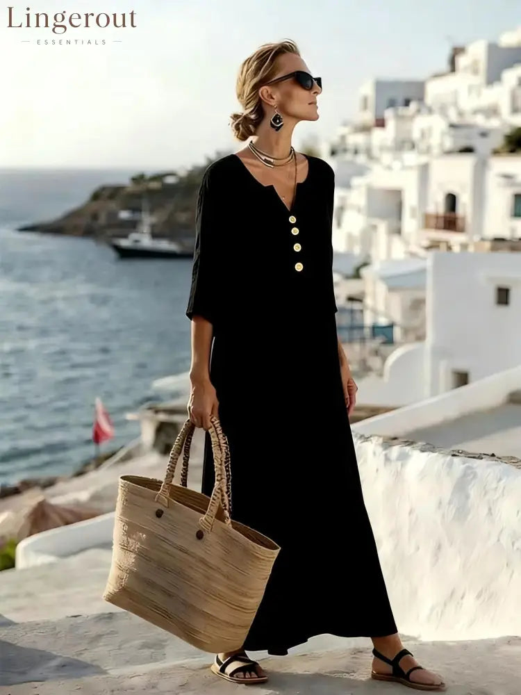 Casual Linen Blend V-Neck Maxi Dress - Black / S