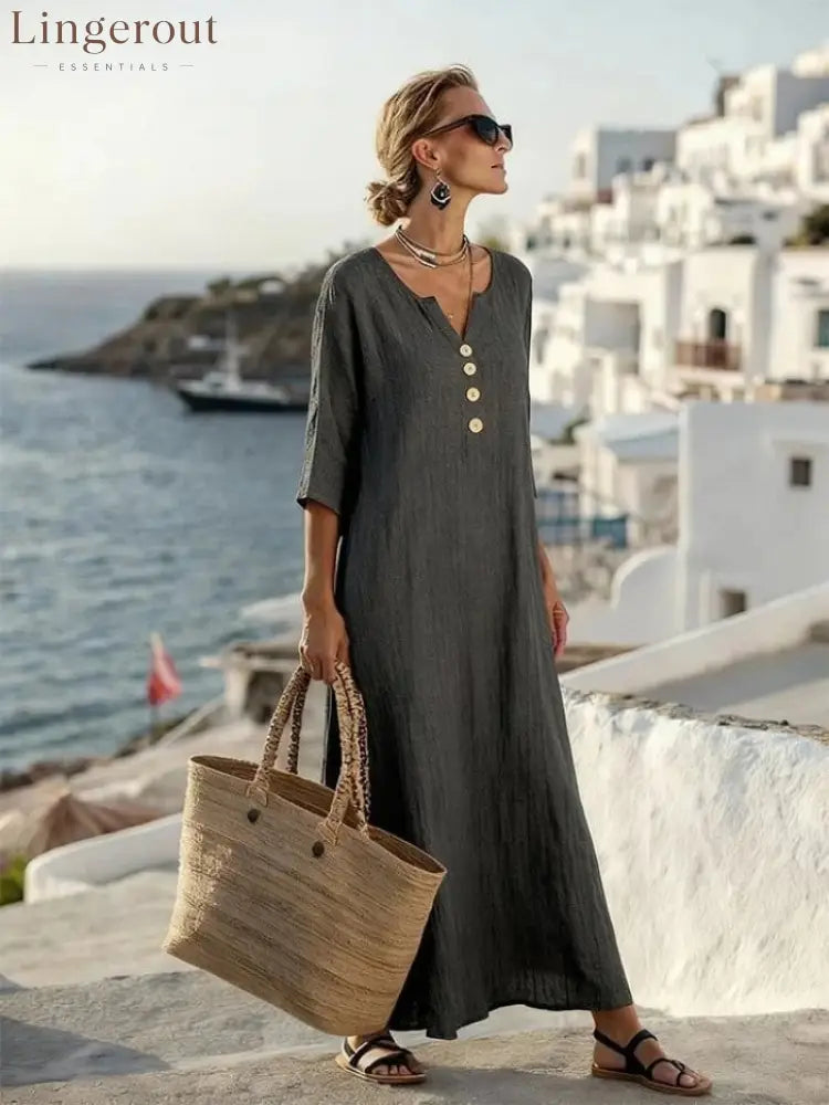 Casual Linen Blend V-Neck Maxi Dress - Grey / S