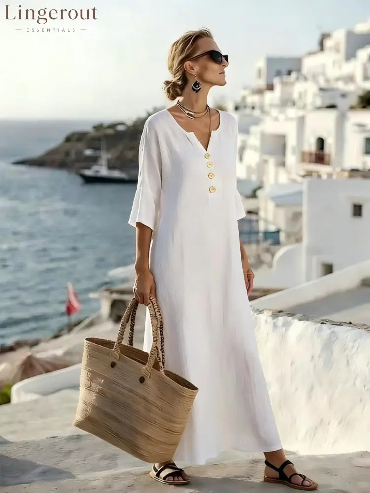 Casual Linen Blend V-Neck Maxi Dress - White / S