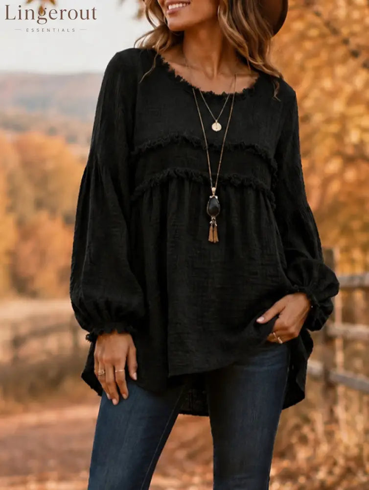 Casual Long Sleeve Fringe Tassel Top - Black / S