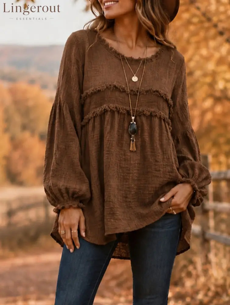 Casual Long Sleeve Fringe Tassel Top - Brown / S