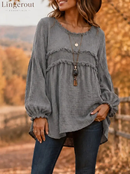 Casual Long Sleeve Fringe Tassel Top - Grey / S