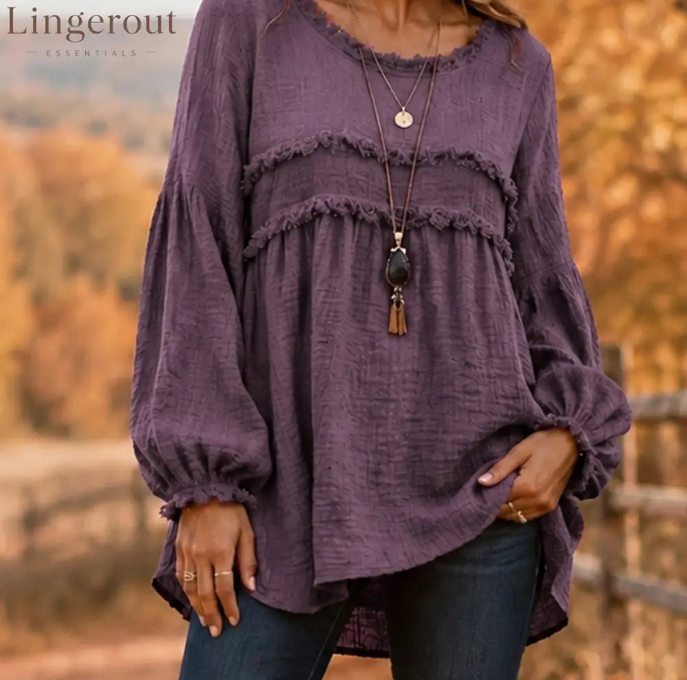 Casual Long Sleeve Fringe Tassel Top - Purple / S