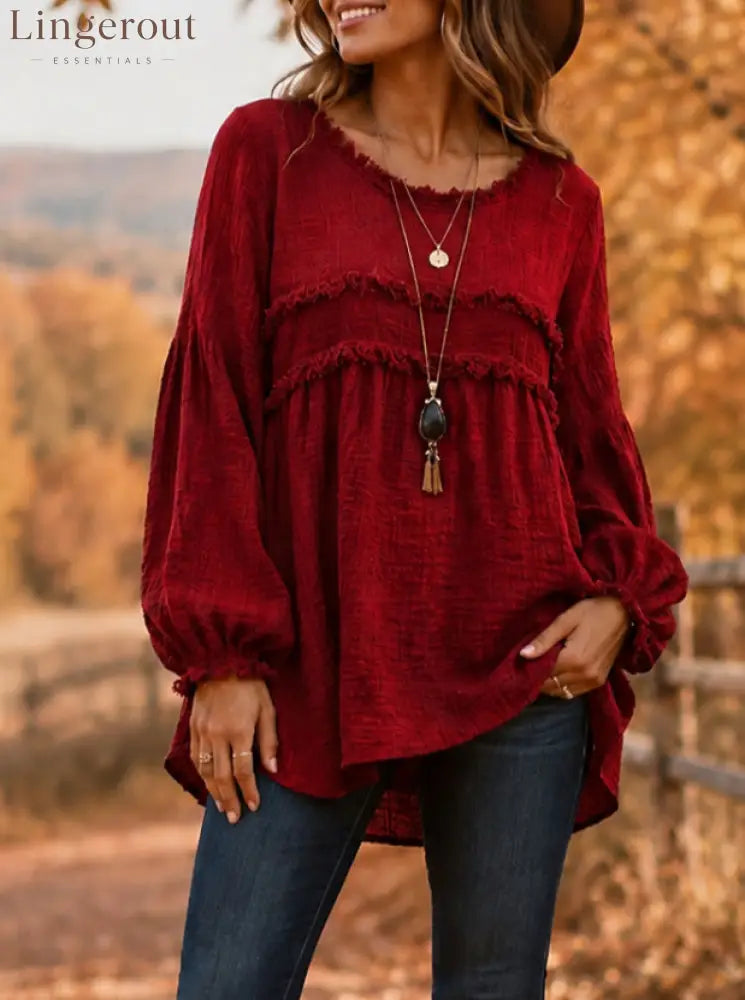 Casual Long Sleeve Fringe Tassel Top - Red / S