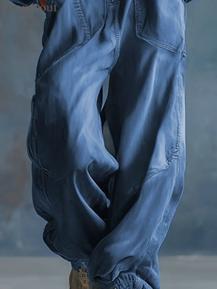 Casual Loose-fit Hooded Blue Denim Button-front Long-sleeved Jumpsuit