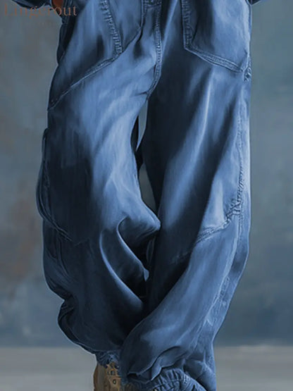 Casual Loose-fit Hooded Blue Denim Button-front Long-sleeved Jumpsuit