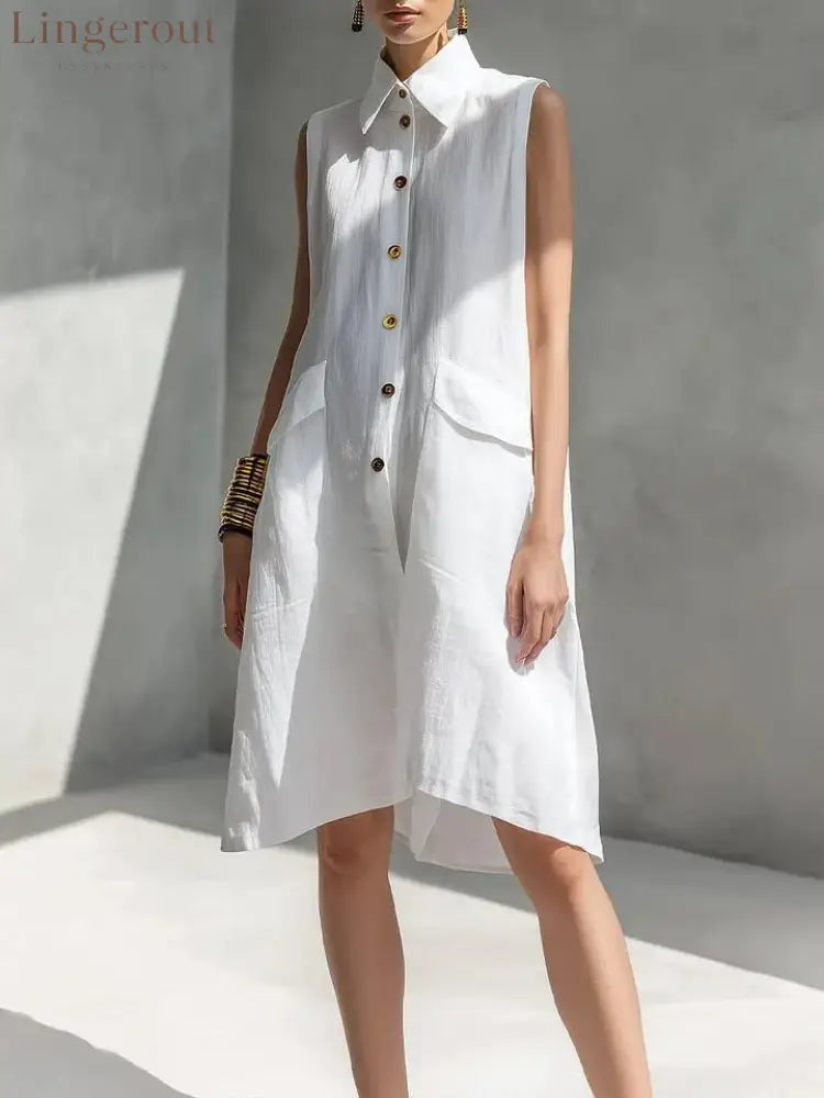 Casual Loose Fit Midi Dress for Women (Multi-Color) - White / S