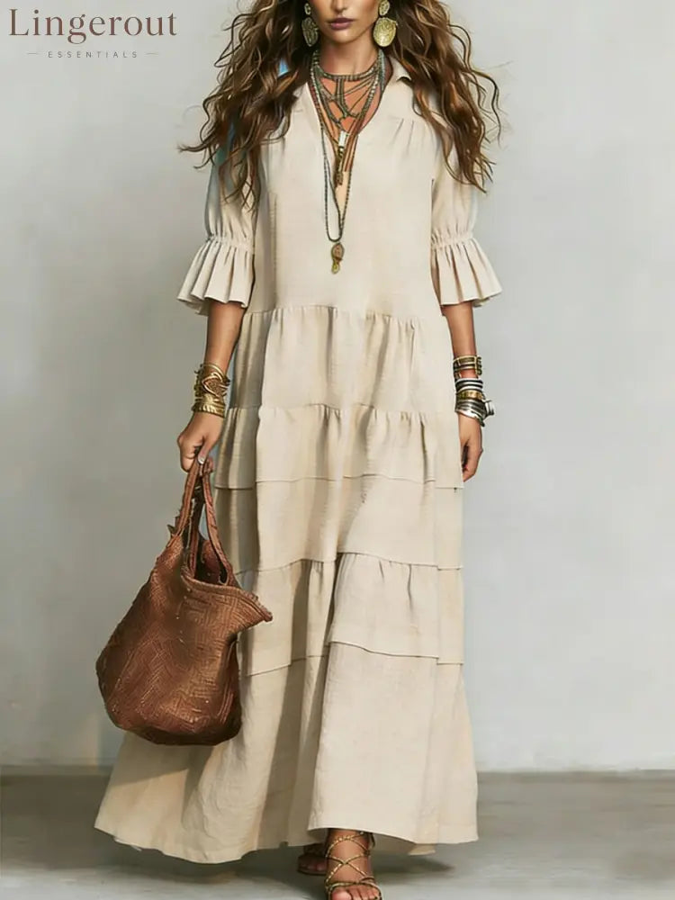 Casual Loose-fitting Linen And Cotton Half Sleeves Dress - Khaki / S
