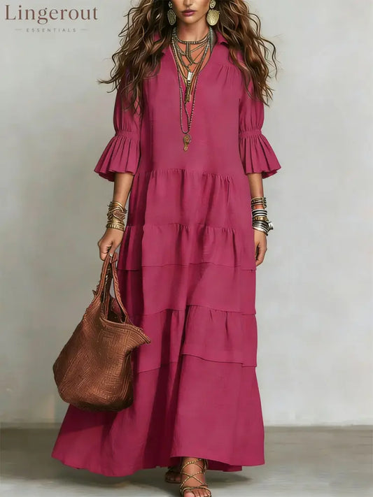 Casual Loose-fitting Linen And Cotton Half Sleeves Dress - Rose / S