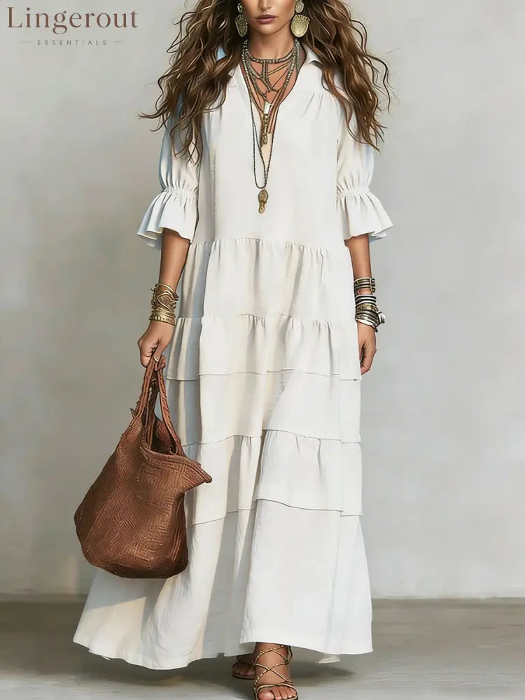 Casual Loose-fitting Linen And Cotton Half Sleeves Dress - White / S