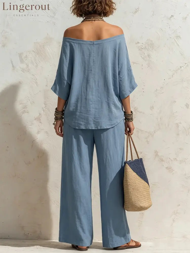 Casual Loose-fitting Linen Set With Three-quarter Sleeve Top And Wide-leg Trousers