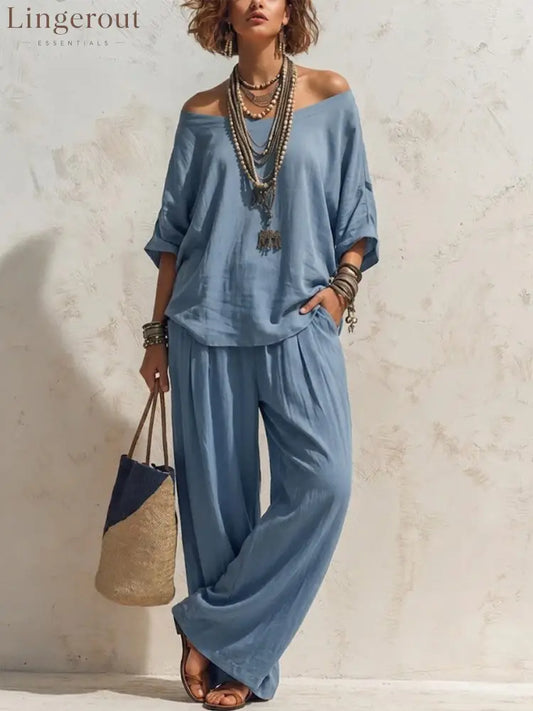 Casual Loose-fitting Linen Set With Three-quarter Sleeve Top And Wide-leg Trousers - Hazy blue / S