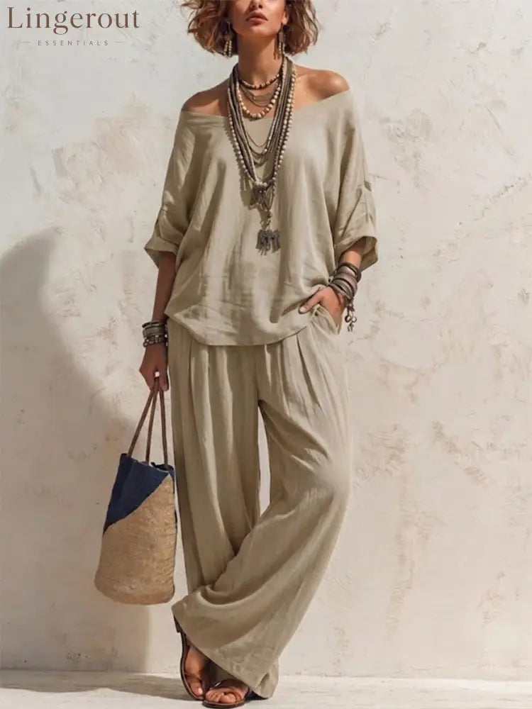 Casual Loose-fitting Linen Set With Three-quarter Sleeve Top And Wide-leg Trousers - Khaki / S