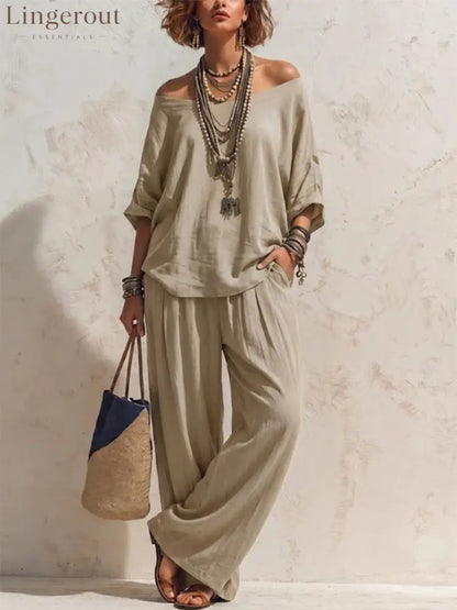 Casual Loose-fitting Linen Set With Three-quarter Sleeve Top And Wide-leg Trousers - Khaki / S