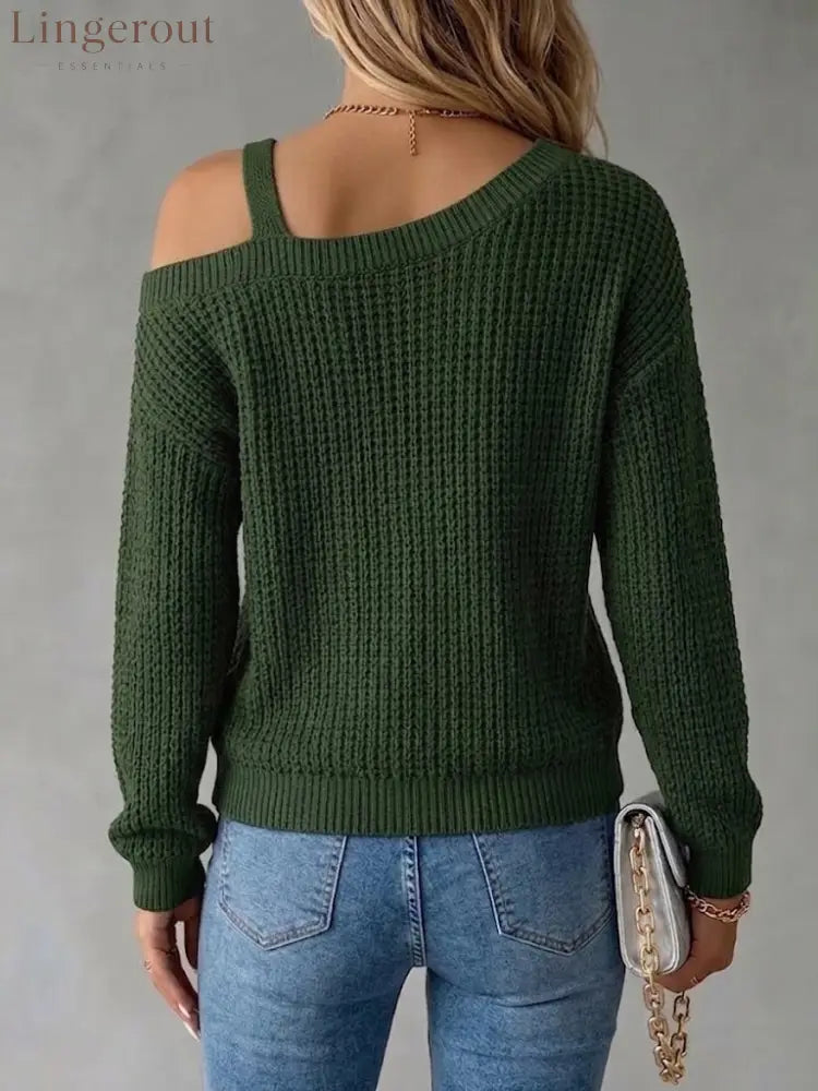 Casual Off-shoulder Pullover Sweater With Metal Buckle And Lantern Sleeves