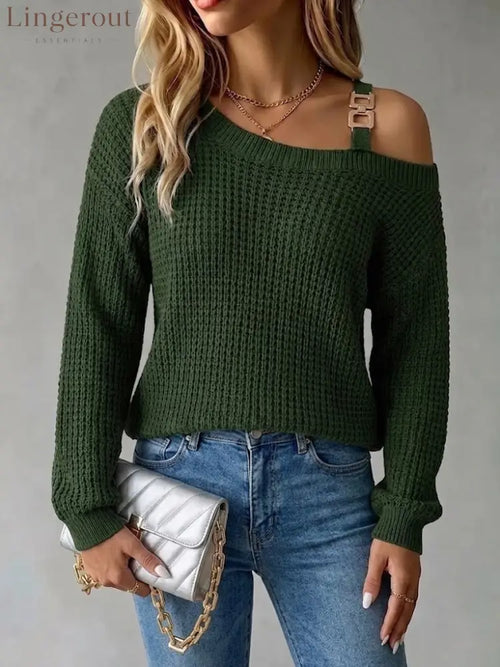Casual Off-shoulder Pullover Sweater With Metal Buckle And Lantern Sleeves - Army green / S