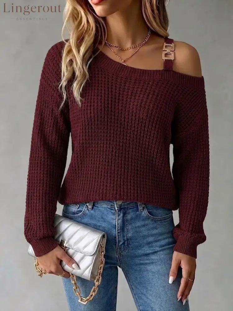Casual Off-shoulder Pullover Sweater With Metal Buckle And Lantern Sleeves - Burgundy / S