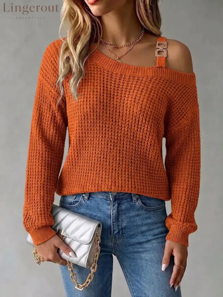 Casual Off-shoulder Pullover Sweater With Metal Buckle And Lantern Sleeves - Orange / S