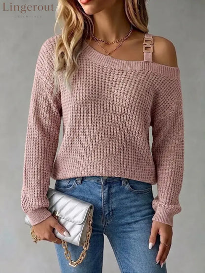 Casual Off-shoulder Pullover Sweater With Metal Buckle And Lantern Sleeves - Pink / S