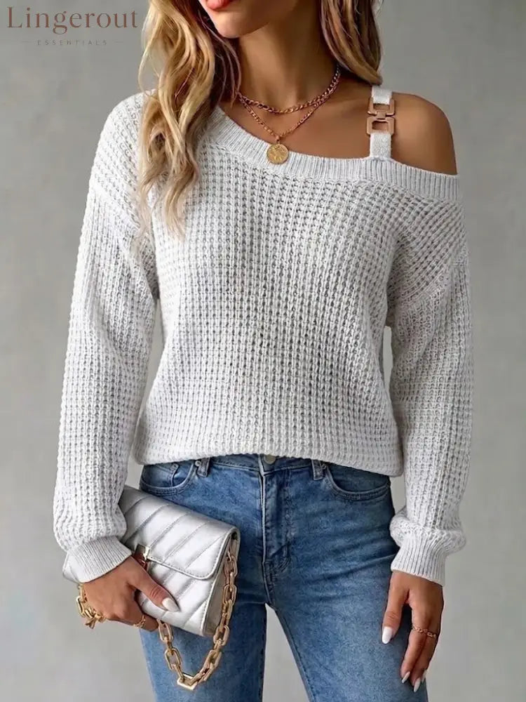 Casual Off-shoulder Pullover Sweater With Metal Buckle And Lantern Sleeves - White / S