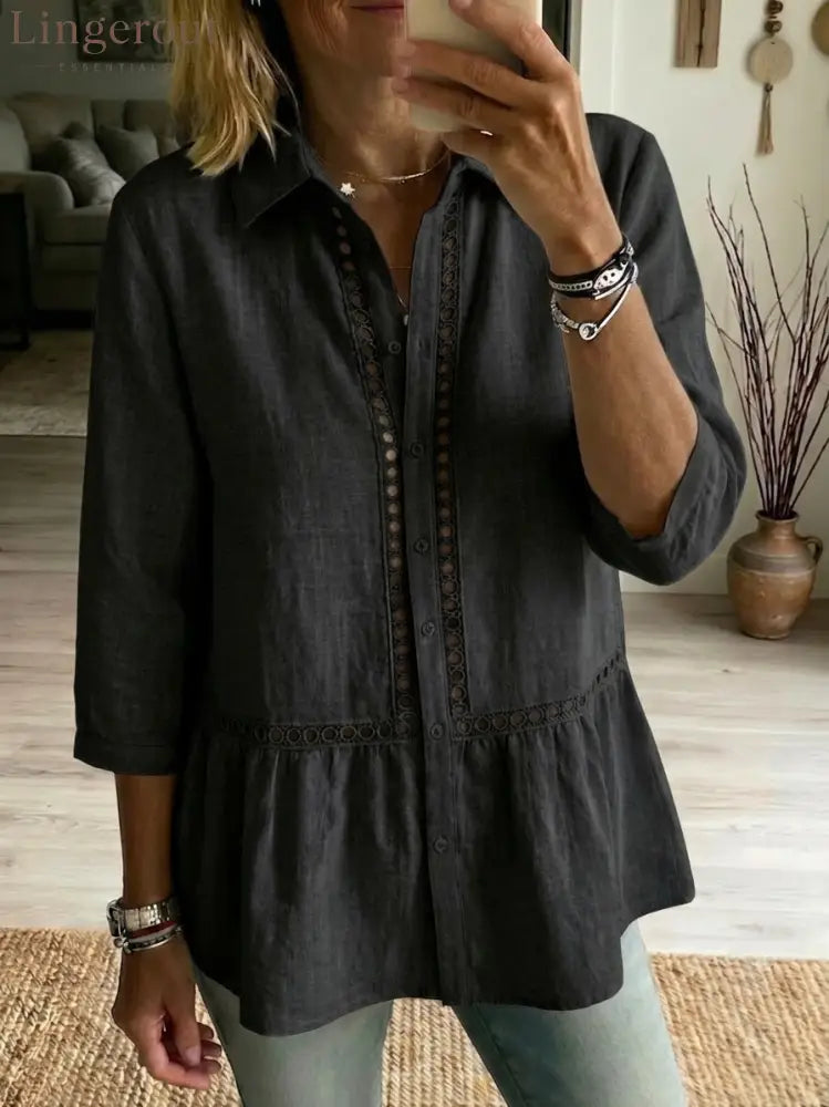 Casual Patchwork Openwork Webbing Linen And Cotton Shirt - Black / S