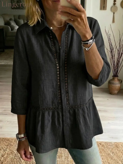 Casual Patchwork Openwork Webbing Linen And Cotton Shirt - Black / S